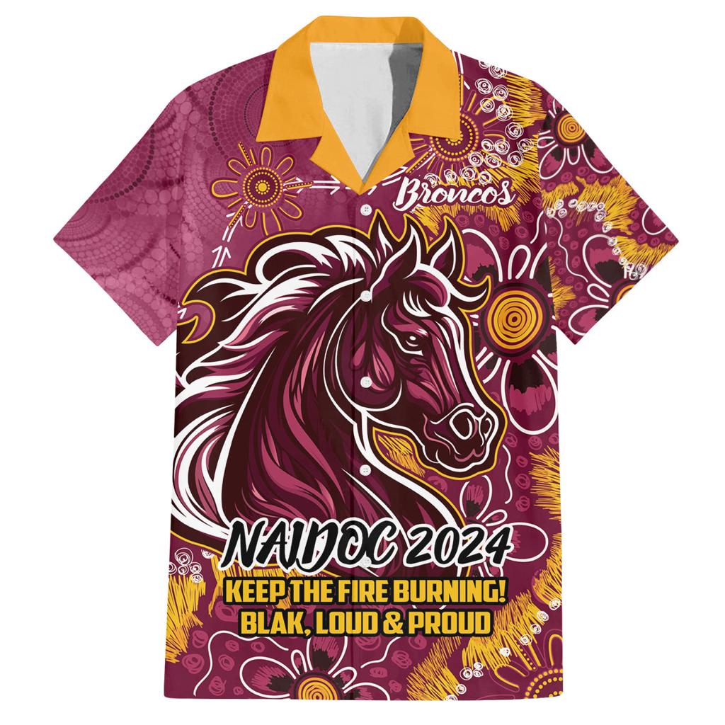 Personalised Broncos NAIDOC Week 2024 Family Matching Off The Shoulder Long Sleeve Dress and Hawaiian Shirt Aboriginal Fire Burning Sparks