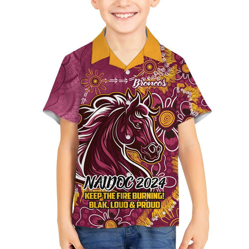 Personalised Broncos NAIDOC Week 2024 Family Matching Off The Shoulder Long Sleeve Dress and Hawaiian Shirt Aboriginal Fire Burning Sparks