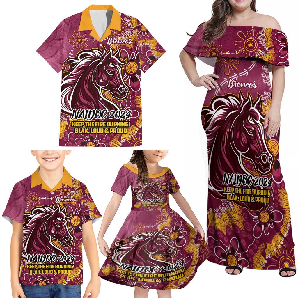 Personalised Broncos NAIDOC Week 2024 Family Matching Off Shoulder Maxi Dress and Hawaiian Shirt Aboriginal Fire Burning Sparks