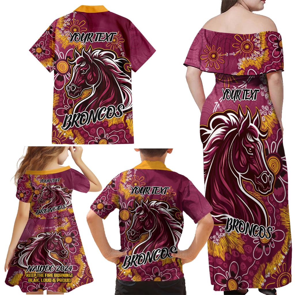 Personalised Broncos NAIDOC Week 2024 Family Matching Off Shoulder Maxi Dress and Hawaiian Shirt Aboriginal Fire Burning Sparks