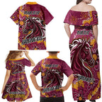 Personalised Broncos NAIDOC Week 2024 Family Matching Off Shoulder Maxi Dress and Hawaiian Shirt Aboriginal Fire Burning Sparks