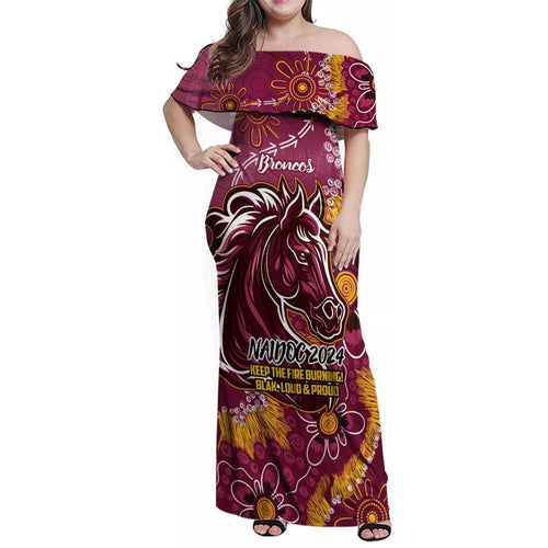 Personalised Broncos NAIDOC Week 2024 Family Matching Off Shoulder Maxi Dress and Hawaiian Shirt Aboriginal Fire Burning Sparks