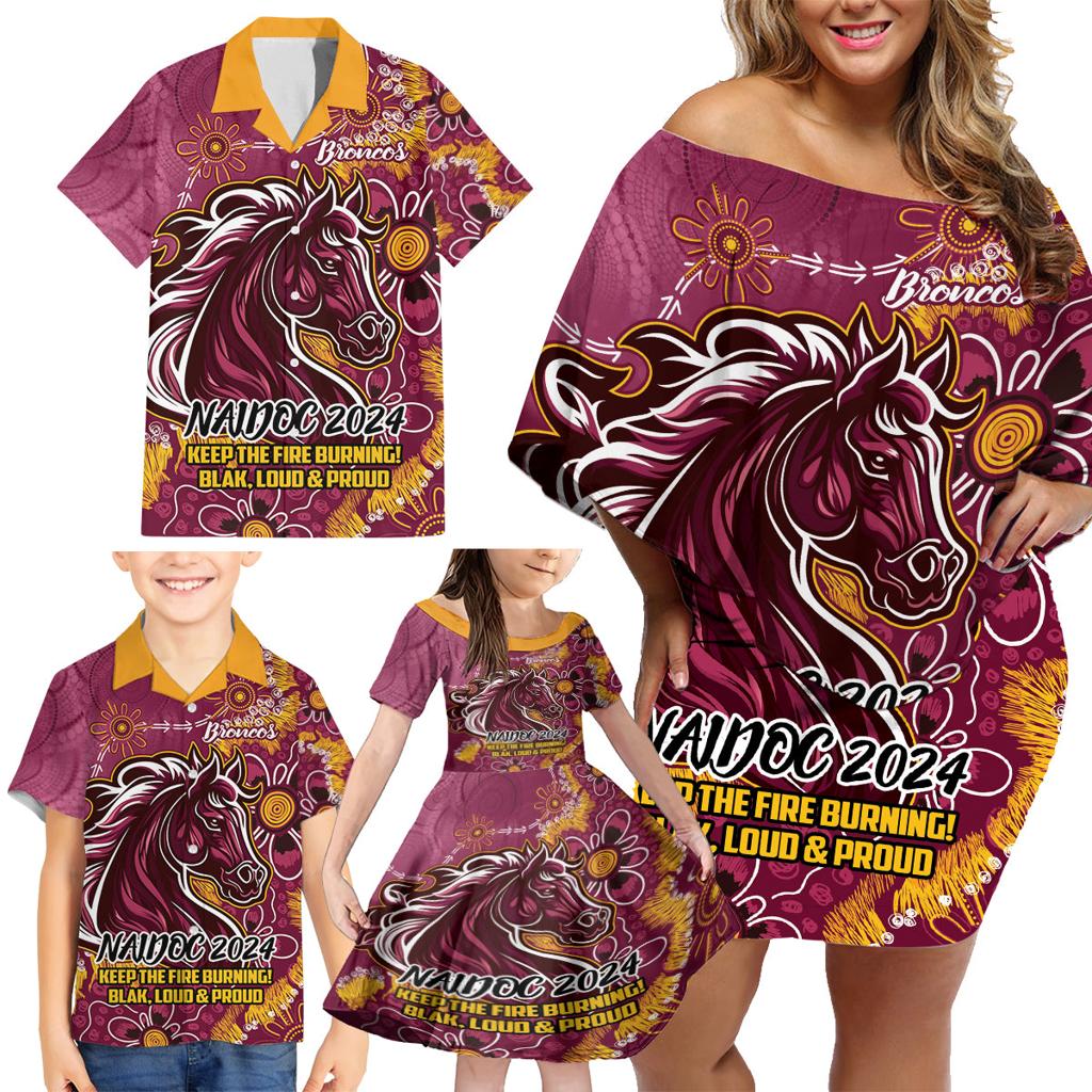 Personalised Broncos NAIDOC Week 2024 Family Matching Off Shoulder Short Dress and Hawaiian Shirt Aboriginal Fire Burning Sparks