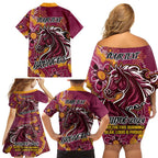 Personalised Broncos NAIDOC Week 2024 Family Matching Off Shoulder Short Dress and Hawaiian Shirt Aboriginal Fire Burning Sparks