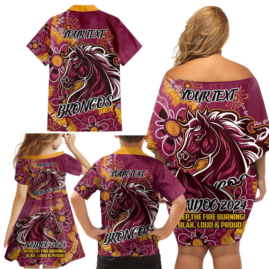 Personalised Broncos NAIDOC Week 2024 Family Matching Off Shoulder Short Dress and Hawaiian Shirt Aboriginal Fire Burning Sparks