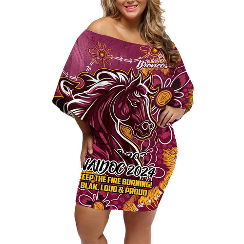 Personalised Broncos NAIDOC Week 2024 Family Matching Off Shoulder Short Dress and Hawaiian Shirt Aboriginal Fire Burning Sparks