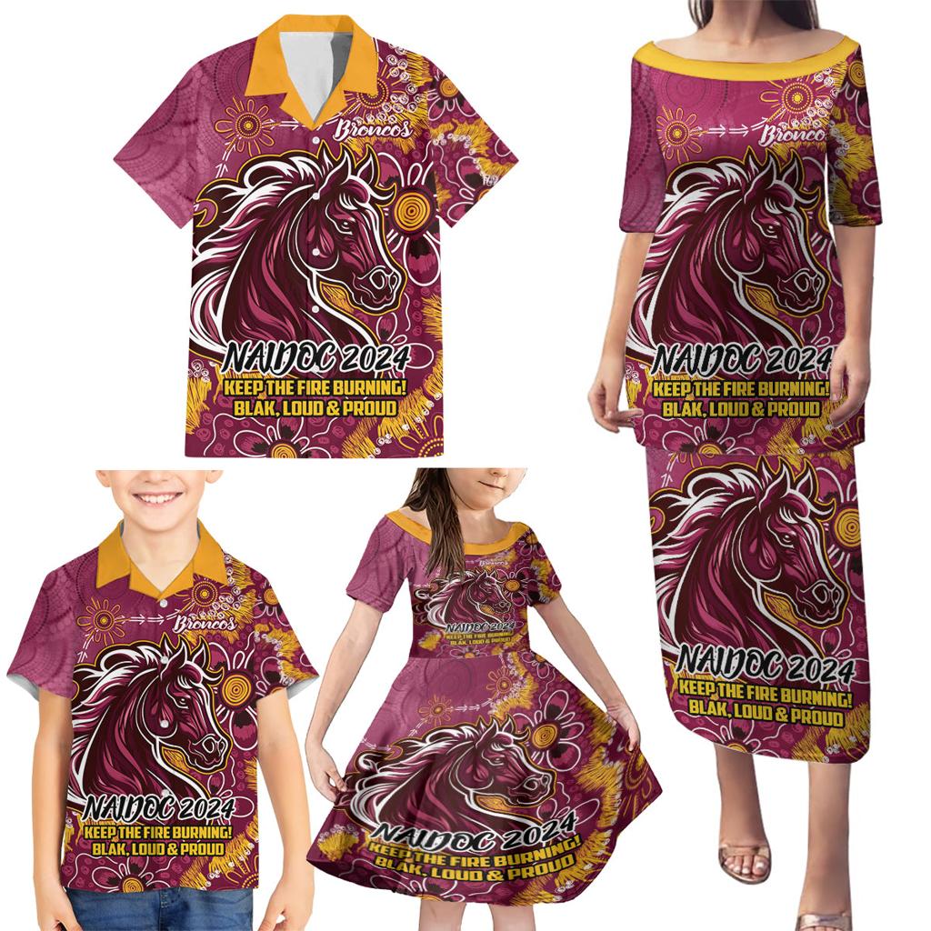 Personalised Broncos NAIDOC Week 2024 Family Matching Puletasi and Hawaiian Shirt Aboriginal Fire Burning Sparks