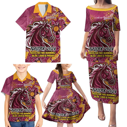 Personalised Broncos NAIDOC Week 2024 Family Matching Puletasi and Hawaiian Shirt Aboriginal Fire Burning Sparks