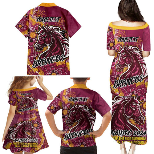 Personalised Broncos NAIDOC Week 2024 Family Matching Puletasi and Hawaiian Shirt Aboriginal Fire Burning Sparks