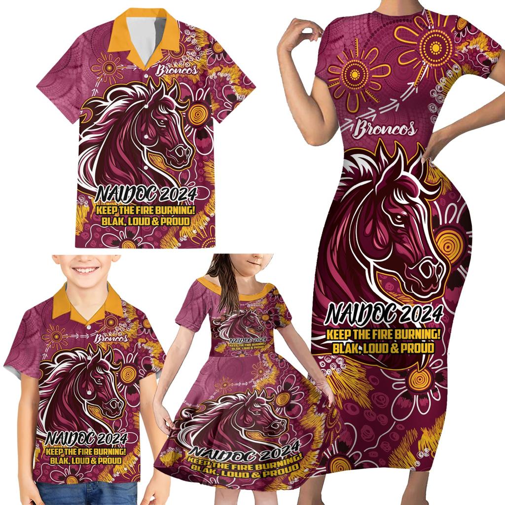 Personalised Broncos NAIDOC Week 2024 Family Matching Short Sleeve Bodycon Dress and Hawaiian Shirt Aboriginal Fire Burning Sparks