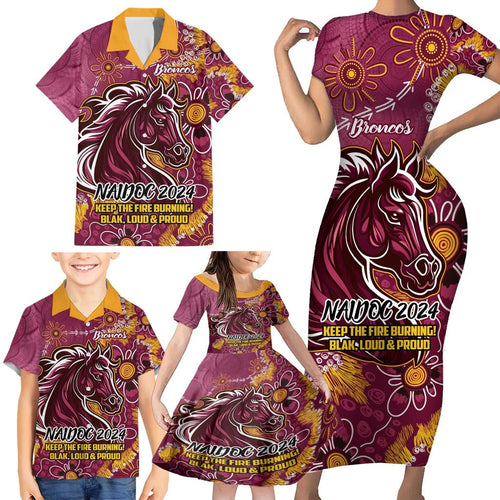 Personalised Broncos NAIDOC Week 2024 Family Matching Short Sleeve Bodycon Dress and Hawaiian Shirt Aboriginal Fire Burning Sparks