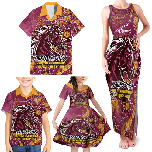 Personalised Broncos NAIDOC Week 2024 Family Matching Tank Maxi Dress and Hawaiian Shirt Aboriginal Fire Burning Sparks