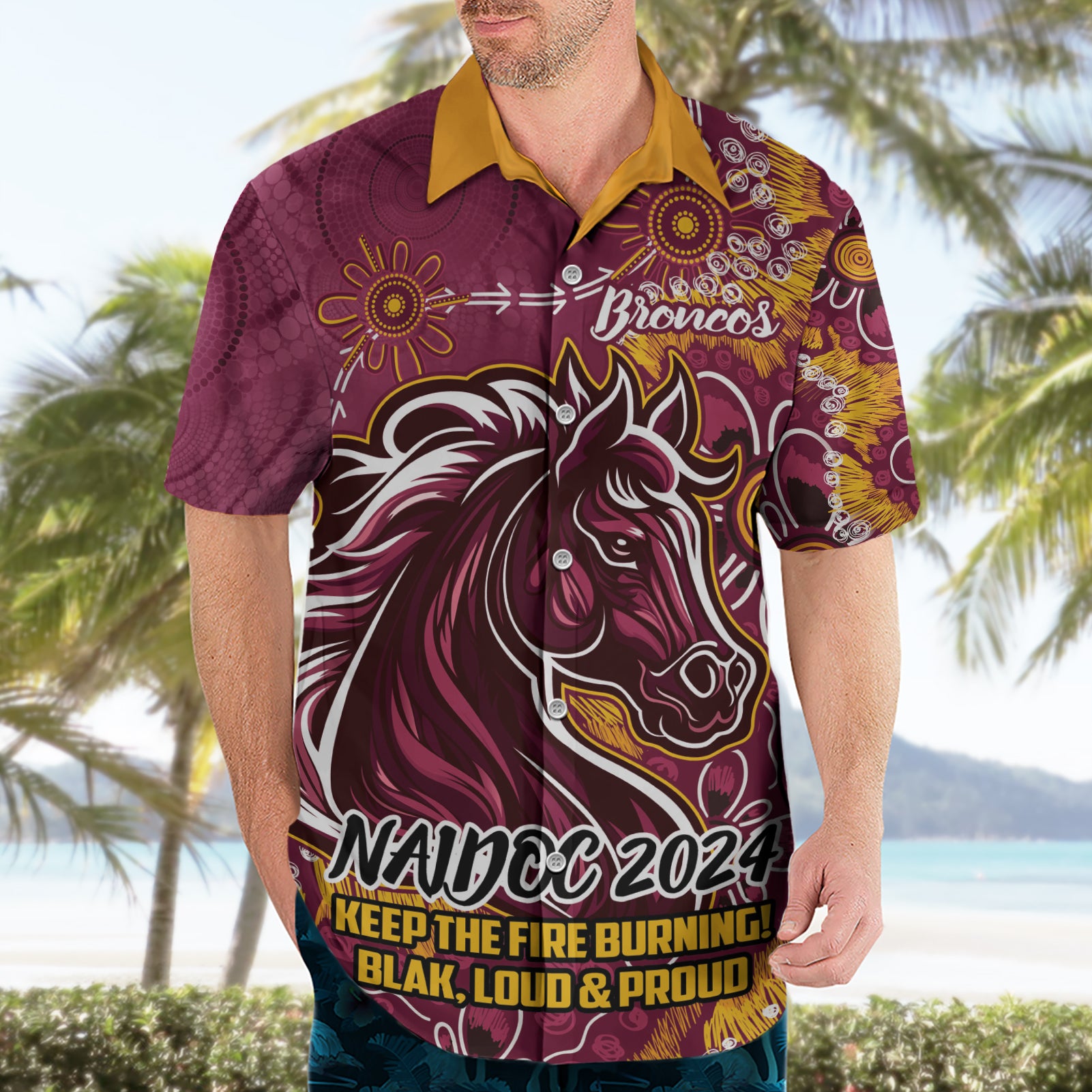 Personalised Broncos NAIDOC Week 2024 Hawaiian Shirt Aboriginal Fire Burning Sparks