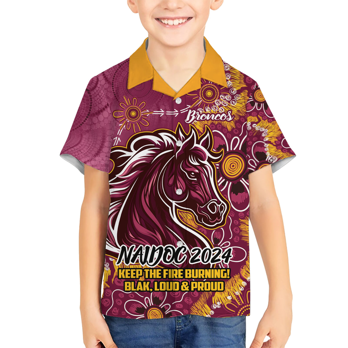 Personalised Broncos NAIDOC Week 2024 Kid Hawaiian Shirt Aboriginal Fire Burning Sparks