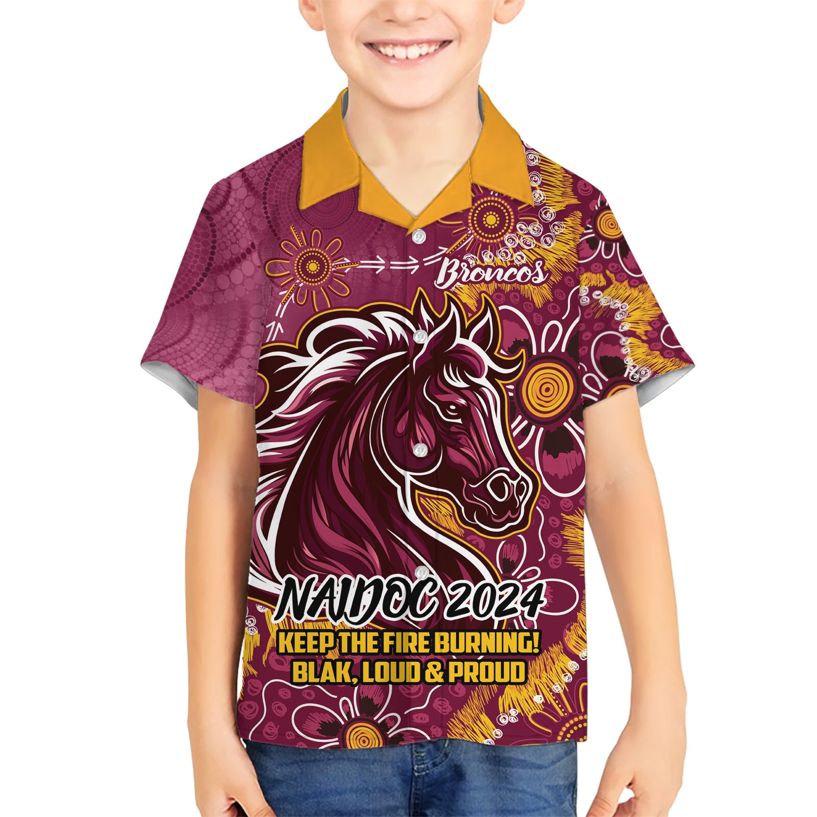 Personalised Broncos NAIDOC Week 2024 Kid Hawaiian Shirt Aboriginal Fire Burning Sparks