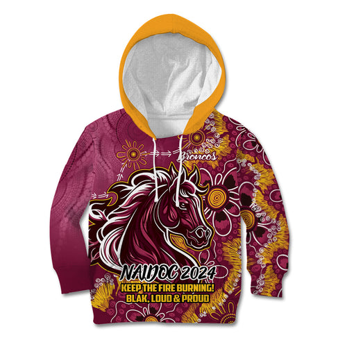 Personalised Broncos NAIDOC Week 2024 Kid Hoodie Aboriginal Fire Burning Sparks