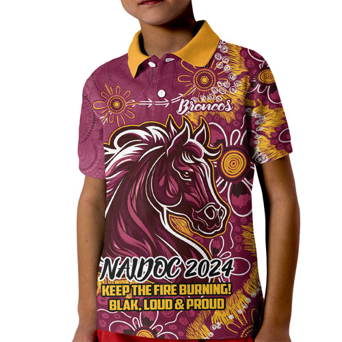 Personalised Broncos NAIDOC Week 2024 Kid Polo Shirt Aboriginal Fire Burning Sparks