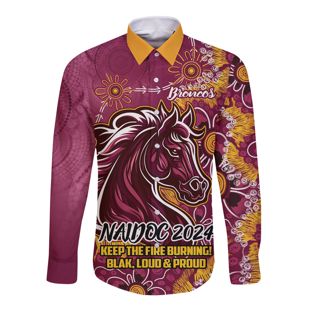 Personalised Broncos NAIDOC Week 2024 Long Sleeve Button Shirt Aboriginal Fire Burning Sparks