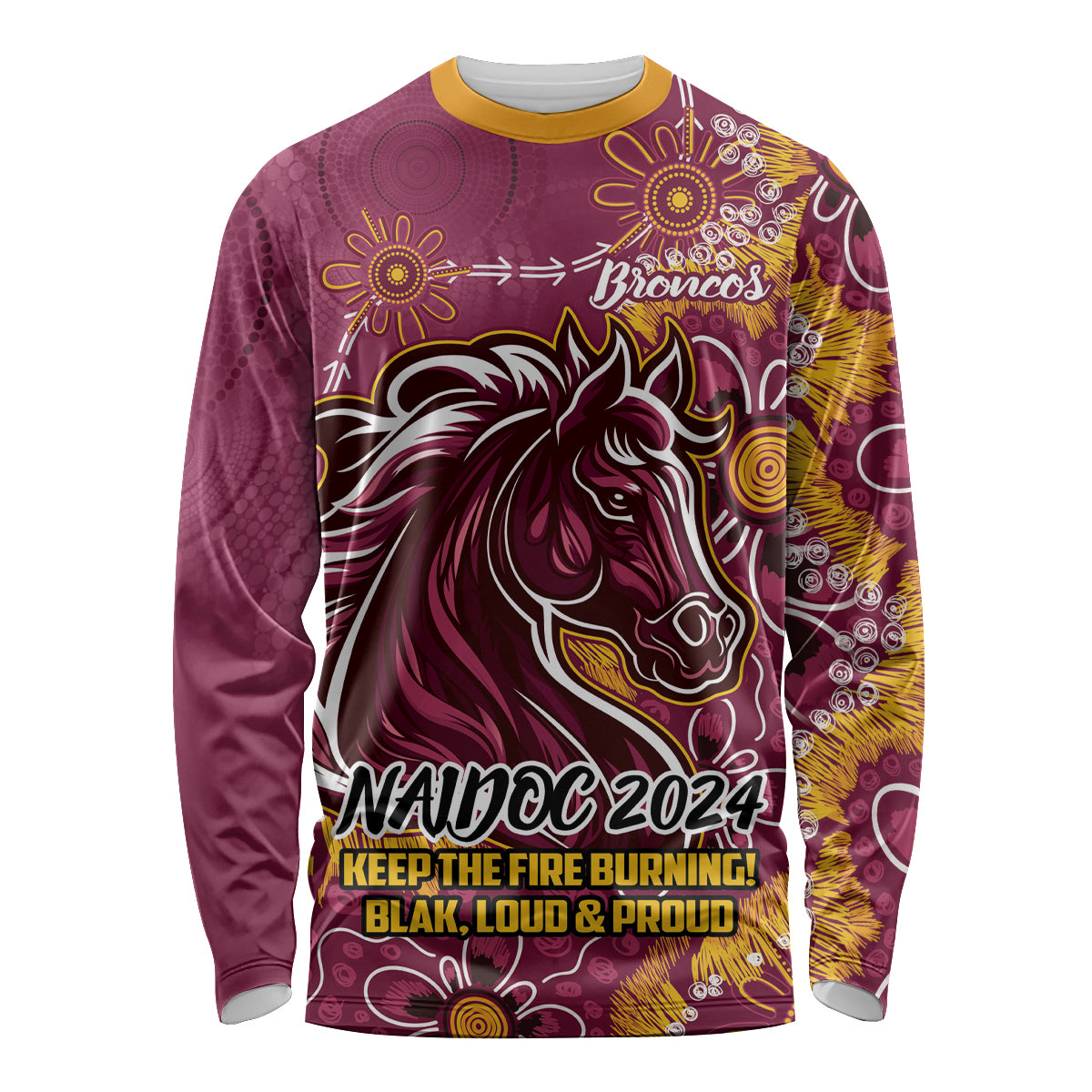 Personalised Broncos NAIDOC Week 2024 Long Sleeve Shirt Aboriginal Fire Burning Sparks