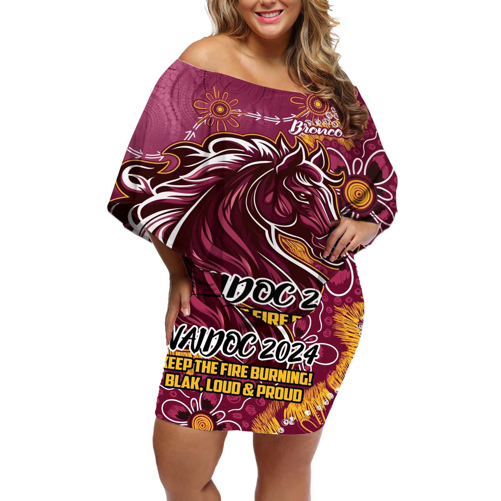 Personalised Broncos NAIDOC Week 2024 Off Shoulder Short Dress Aboriginal Fire Burning Sparks