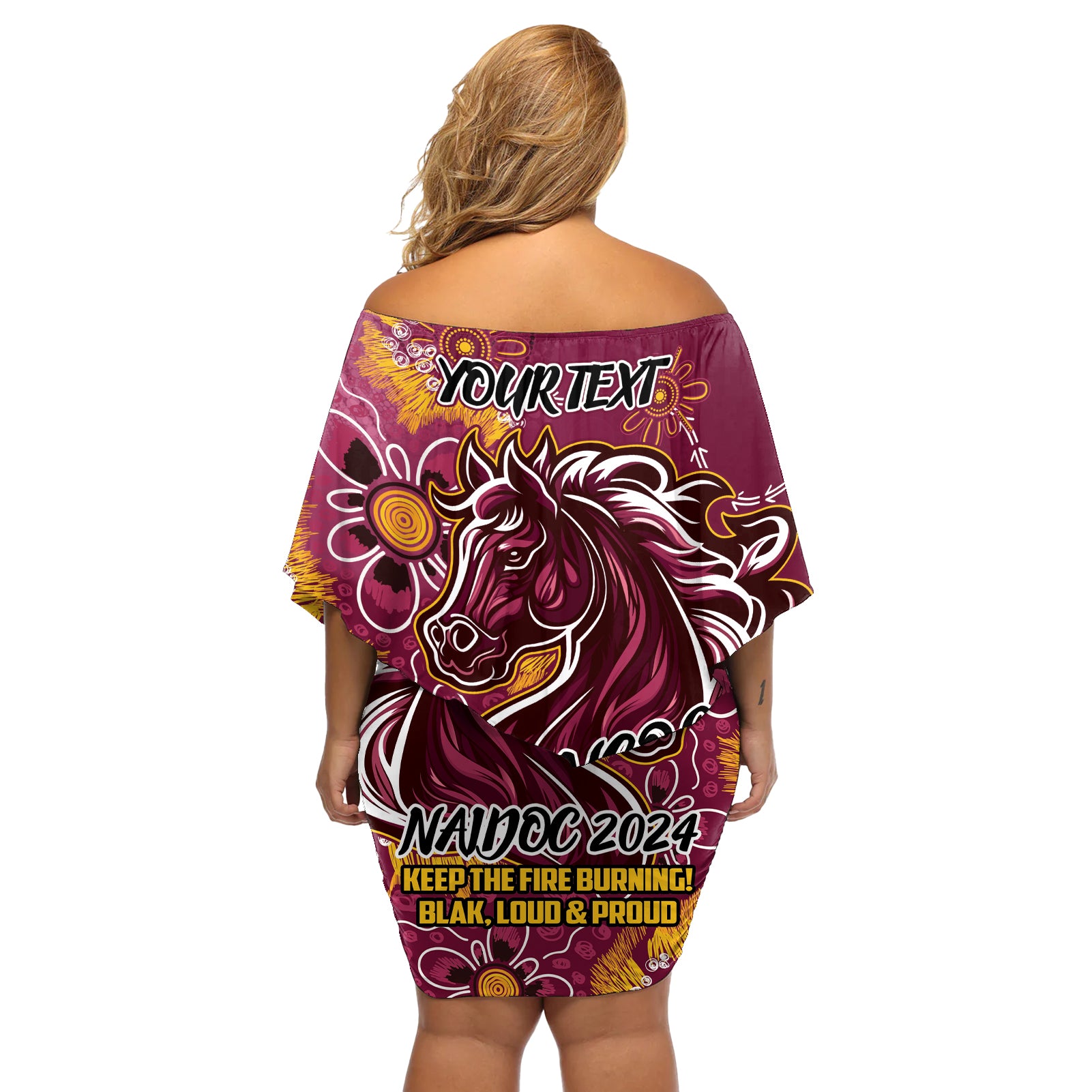 Personalised Broncos NAIDOC Week 2024 Off Shoulder Short Dress Aboriginal Fire Burning Sparks