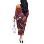 Personalised Broncos NAIDOC Week 2024 Off The Shoulder Long Sleeve Dress Aboriginal Fire Burning Sparks