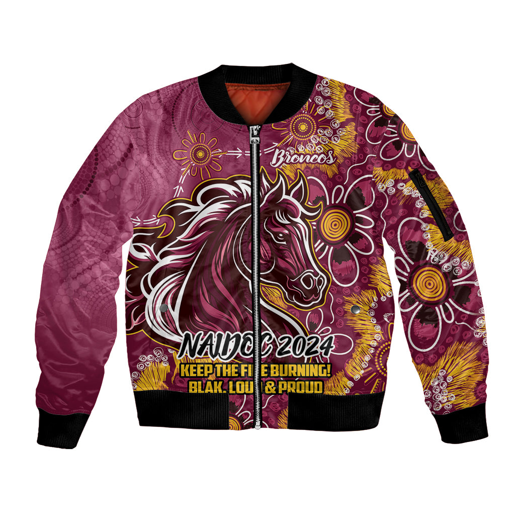 Personalised Broncos NAIDOC Week 2024 Sleeve Zip Bomber Jacket Aboriginal Fire Burning Sparks