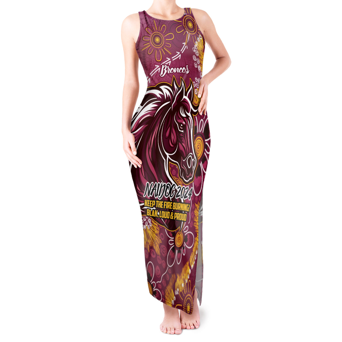 Personalised Broncos NAIDOC Week 2024 Tank Maxi Dress Aboriginal Fire Burning Sparks