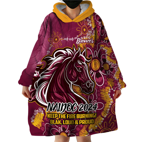 Personalised Broncos NAIDOC Week 2024 Wearable Blanket Hoodie Aboriginal Fire Burning Sparks
