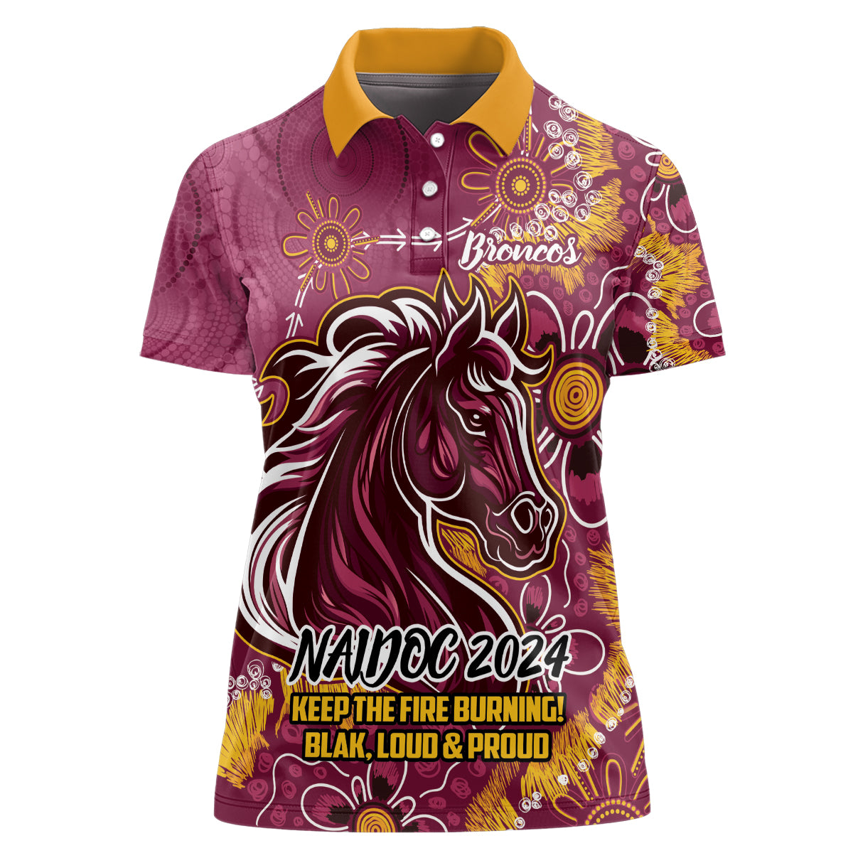 Personalised Broncos NAIDOC Week 2024 Women Polo Shirt Aboriginal Fire Burning Sparks