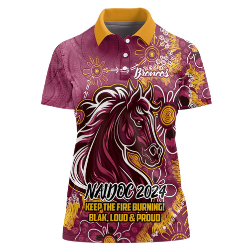 Personalised Broncos NAIDOC Week 2024 Women Polo Shirt Aboriginal Fire Burning Sparks