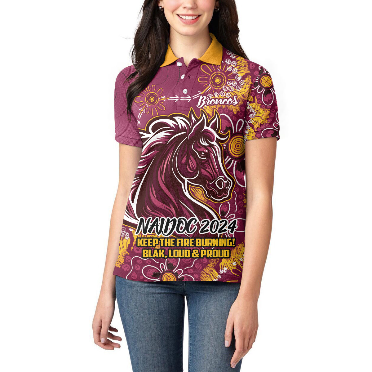 Personalised Broncos NAIDOC Week 2024 Women Polo Shirt Aboriginal Fire Burning Sparks