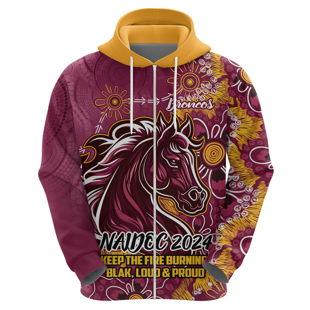 Personalised Broncos NAIDOC Week 2024 Zip Hoodie Aboriginal Fire Burning Sparks