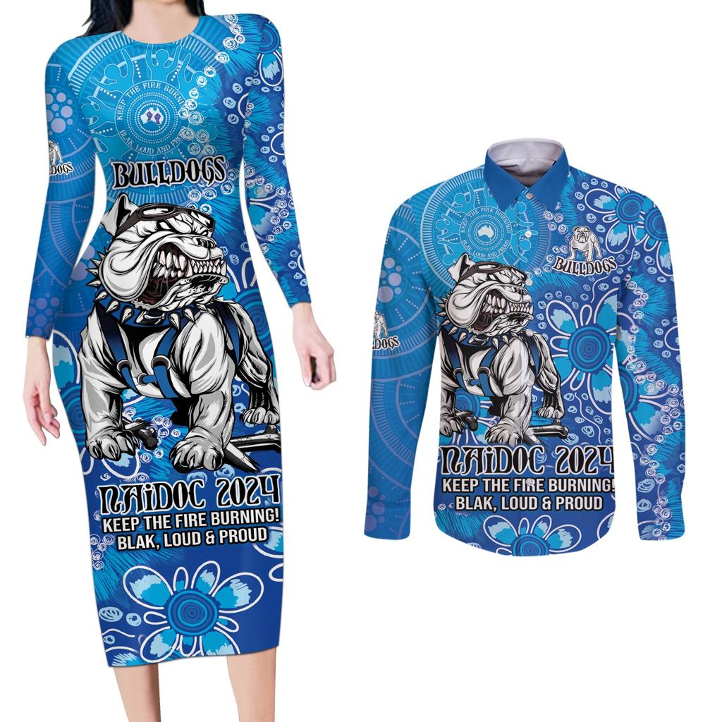 Personalised Bulldogs NAIDOC Week 2024 Couples Matching Long Sleeve Bodycon Dress and Long Sleeve Button Shirt Aboriginal Fire Burning Sparks