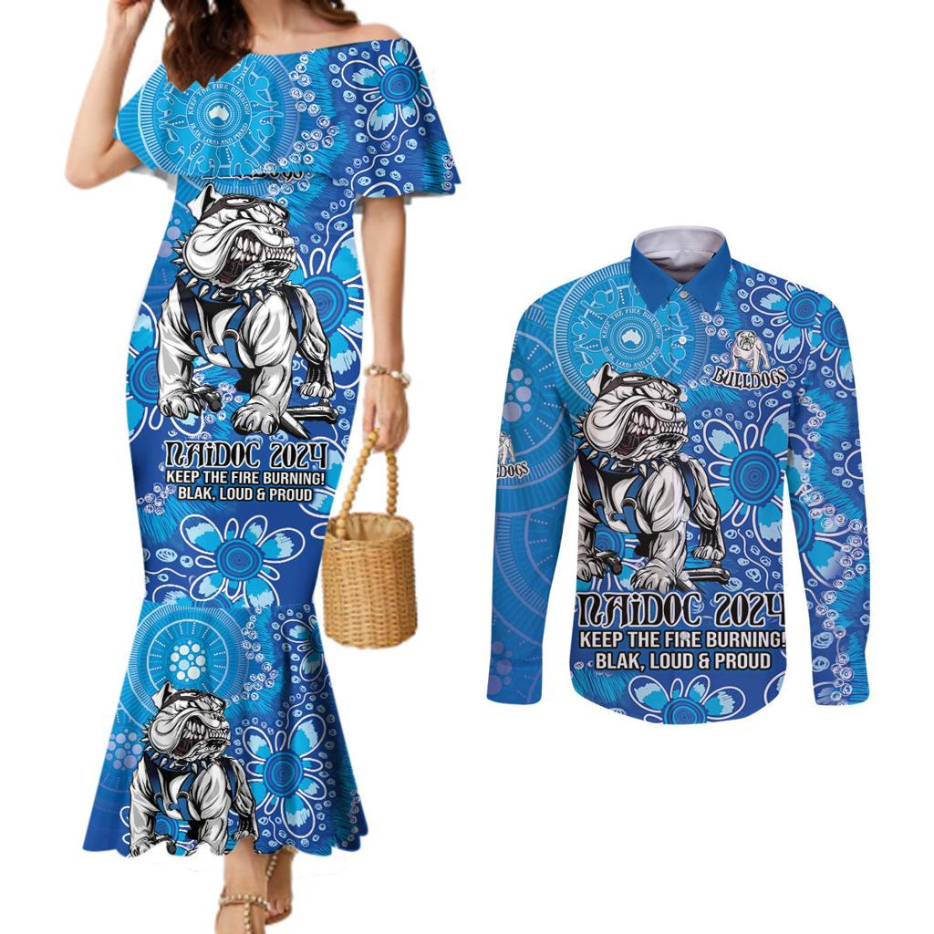 Personalised Bulldogs NAIDOC Week 2024 Couples Matching Mermaid Dress and Long Sleeve Button Shirt Aboriginal Fire Burning Sparks