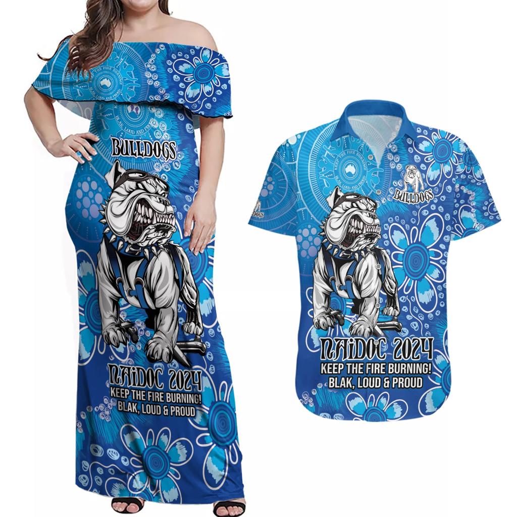 Personalised Bulldogs NAIDOC Week 2024 Couples Matching Off Shoulder Maxi Dress and Hawaiian Shirt Aboriginal Fire Burning Sparks