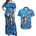 Personalised Bulldogs NAIDOC Week 2024 Couples Matching Off Shoulder Maxi Dress and Hawaiian Shirt Aboriginal Fire Burning Sparks