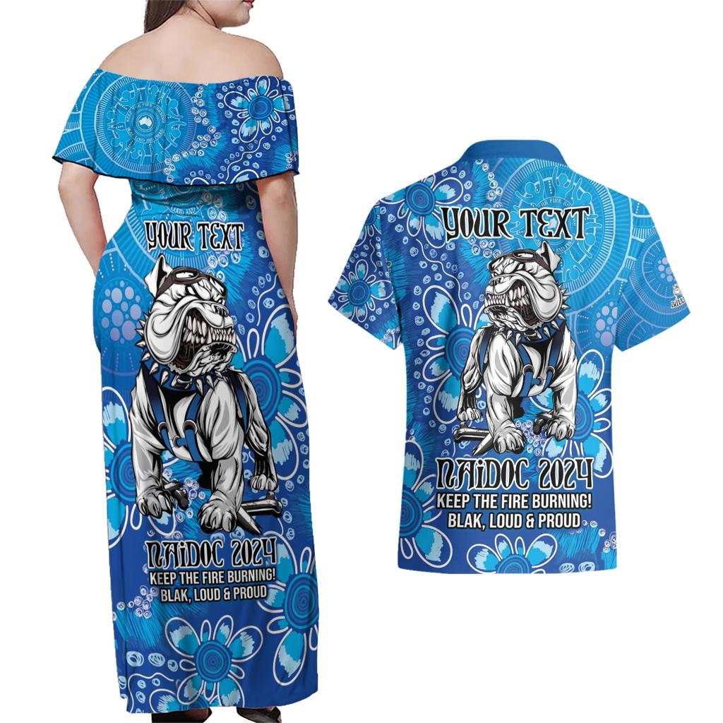 Personalised Bulldogs NAIDOC Week 2024 Couples Matching Off Shoulder Maxi Dress and Hawaiian Shirt Aboriginal Fire Burning Sparks