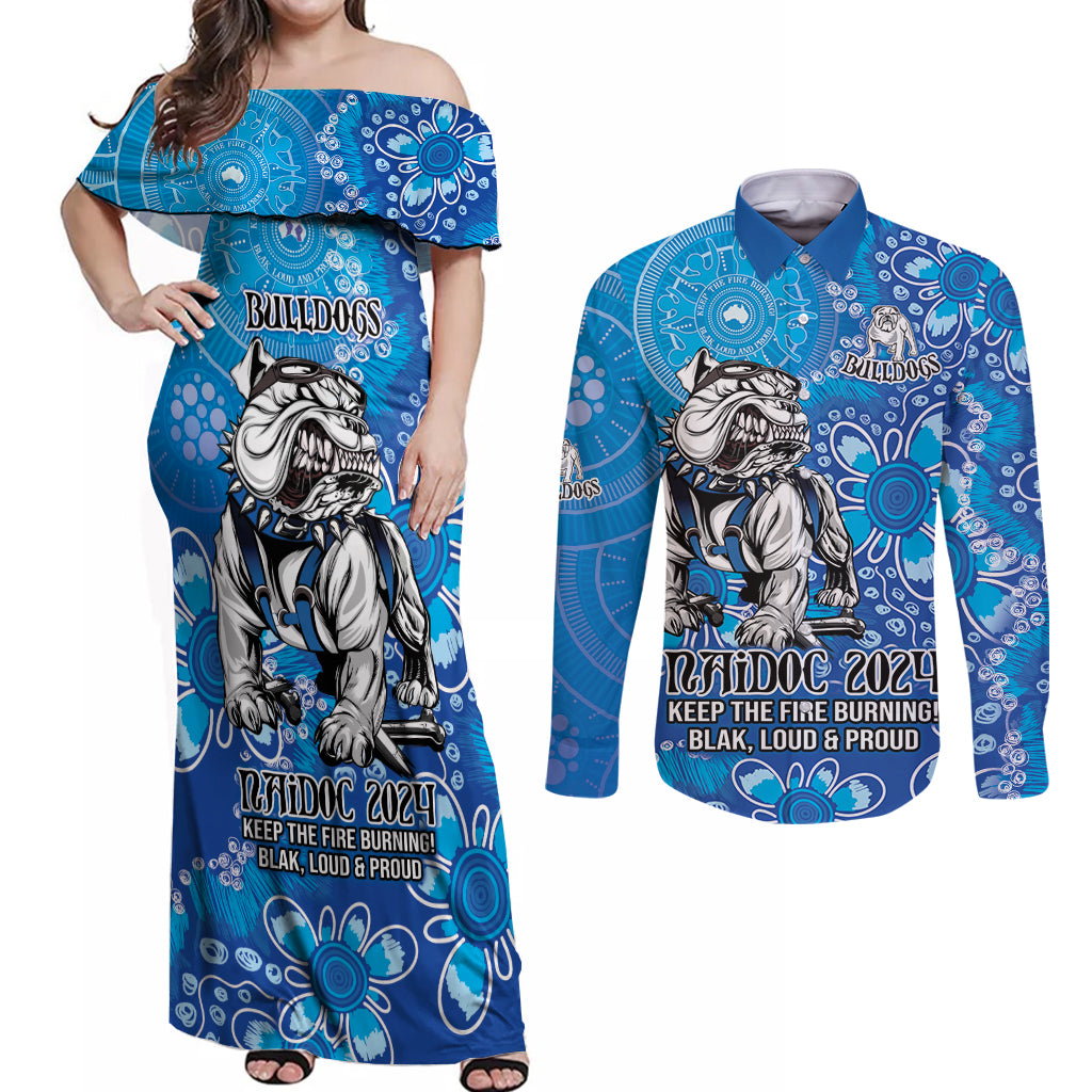 Personalised Bulldogs NAIDOC Week 2024 Couples Matching Off Shoulder Maxi Dress and Long Sleeve Button Shirt Aboriginal Fire Burning Sparks