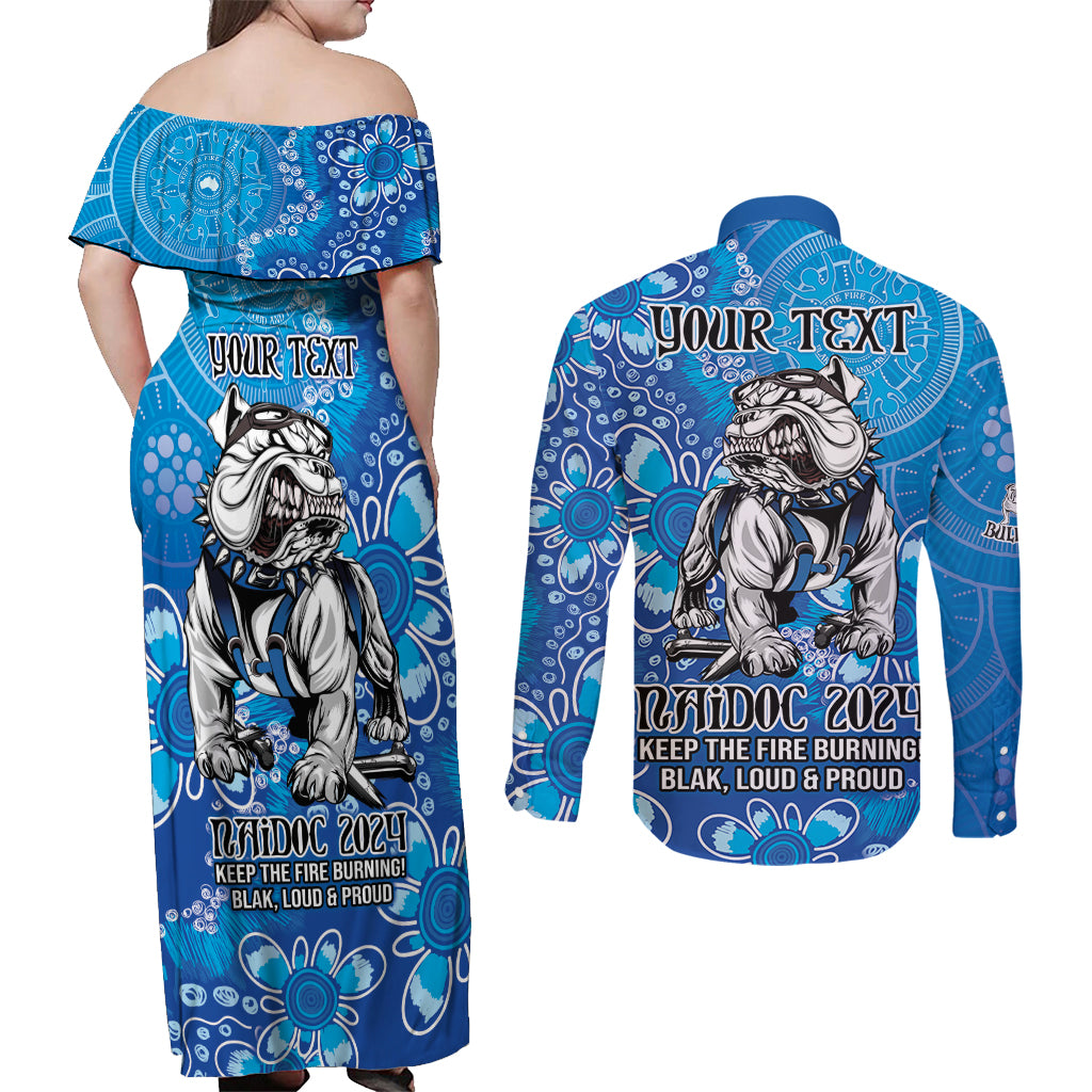 Personalised Bulldogs NAIDOC Week 2024 Couples Matching Off Shoulder Maxi Dress and Long Sleeve Button Shirt Aboriginal Fire Burning Sparks