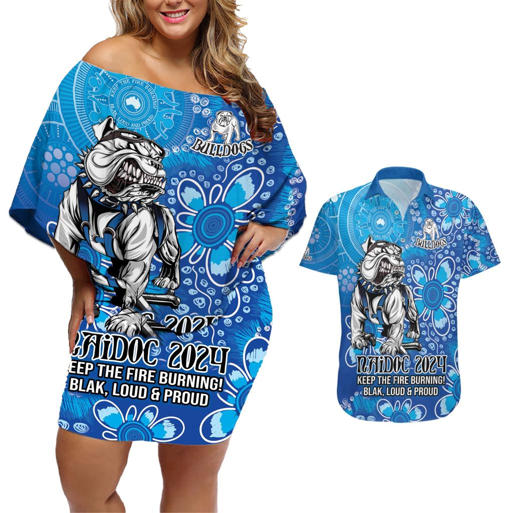 Personalised Bulldogs NAIDOC Week 2024 Couples Matching Off Shoulder Short Dress and Hawaiian Shirt Aboriginal Fire Burning Sparks