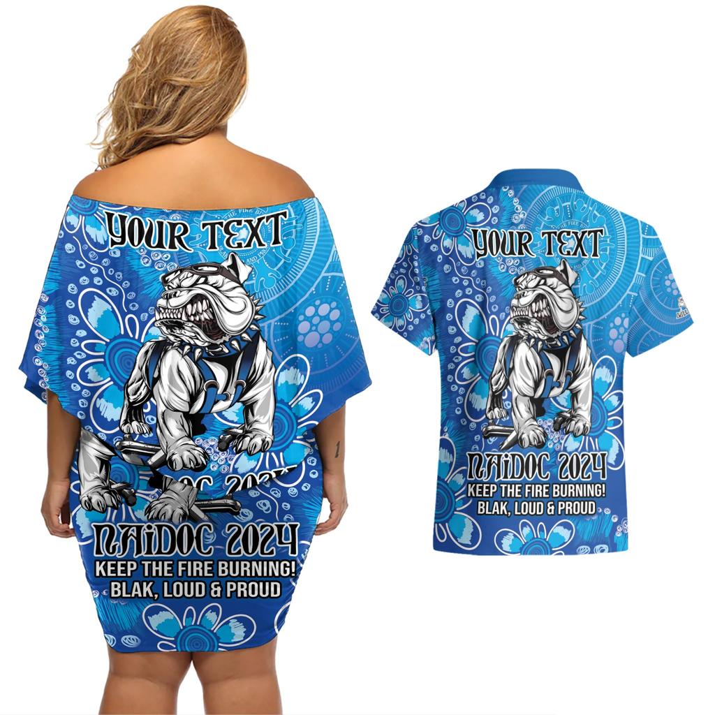Personalised Bulldogs NAIDOC Week 2024 Couples Matching Off Shoulder Short Dress and Hawaiian Shirt Aboriginal Fire Burning Sparks