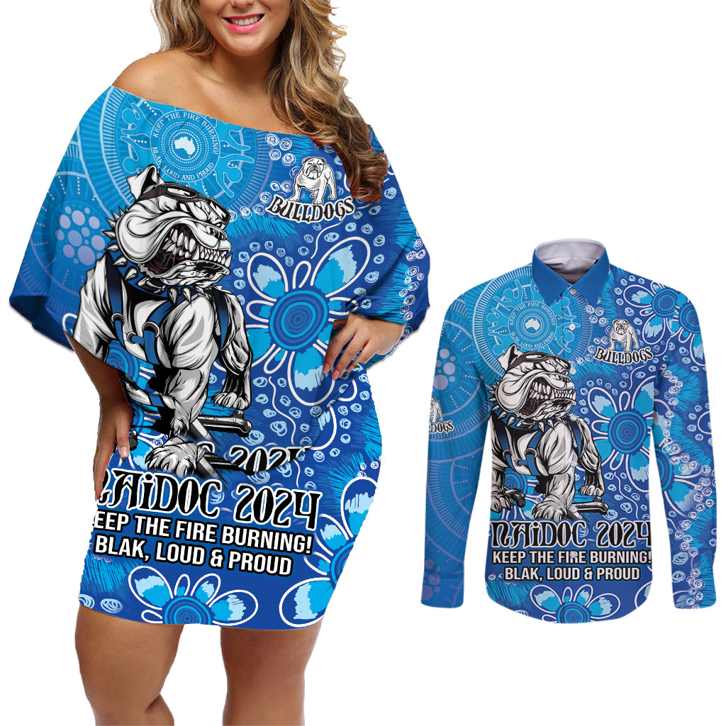 Personalised Bulldogs NAIDOC Week 2024 Couples Matching Off Shoulder Short Dress and Long Sleeve Button Shirt Aboriginal Fire Burning Sparks
