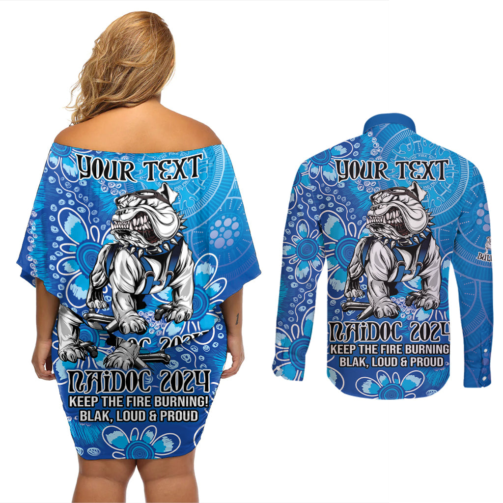 Personalised Bulldogs NAIDOC Week 2024 Couples Matching Off Shoulder Short Dress and Long Sleeve Button Shirt Aboriginal Fire Burning Sparks