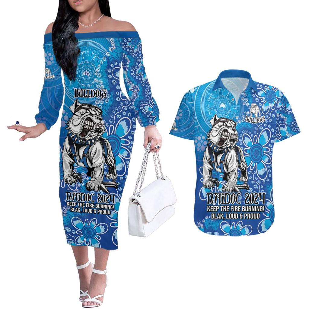 Personalised Bulldogs NAIDOC Week 2024 Couples Matching Off The Shoulder Long Sleeve Dress and Hawaiian Shirt Aboriginal Fire Burning Sparks