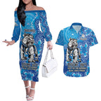 Personalised Bulldogs NAIDOC Week 2024 Couples Matching Off The Shoulder Long Sleeve Dress and Hawaiian Shirt Aboriginal Fire Burning Sparks