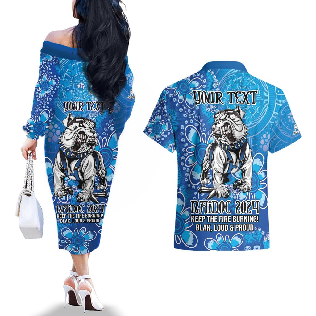 Personalised Bulldogs NAIDOC Week 2024 Couples Matching Off The Shoulder Long Sleeve Dress and Hawaiian Shirt Aboriginal Fire Burning Sparks
