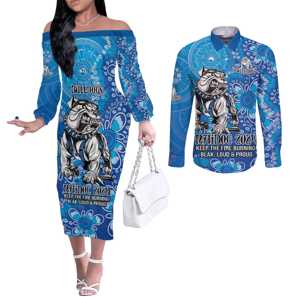 Personalised Bulldogs NAIDOC Week 2024 Couples Matching Off The Shoulder Long Sleeve Dress and Long Sleeve Button Shirt Aboriginal Fire Burning Sparks