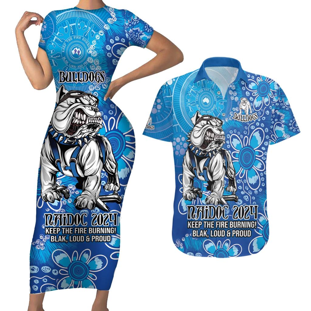 Personalised Bulldogs NAIDOC Week 2024 Couples Matching Short Sleeve Bodycon Dress and Hawaiian Shirt Aboriginal Fire Burning Sparks