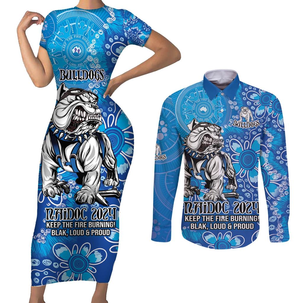 Personalised Bulldogs NAIDOC Week 2024 Couples Matching Short Sleeve Bodycon Dress and Long Sleeve Button Shirt Aboriginal Fire Burning Sparks